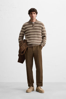 TEXTURED STRIPED KNIT POLO SWEATER