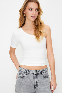 Ekru Tek Kol Fitted/Vucuda Oturan Fitilli Pamuklu Esnek Orme Bluz TWOSS24BZ00166