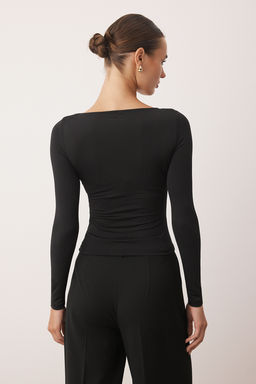 Siyah Fitted/Vucuda Oturan Aksesuar/Cut out Detayl? Uzun Kollu Esnek Orme Bluz TWOAW26BZ00130
