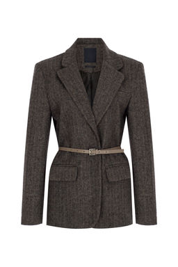 Kahverengi Kase Cizgili Kemerli Dokuma Blazer Ceket TWOAW26BC00072