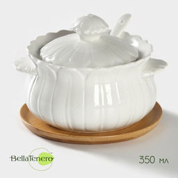 Сахарница с ложкой на бамбуковой подставке BellaTenero Тюльпан, 350 мл, фарфор, белая