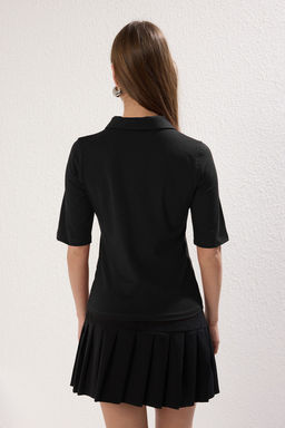 Trendyolmilla Siyah Polo Yaka Truvakar Kol Fitted/Vucuda Oturan Orme Bluz TWOSS25BZ00027 фото 12