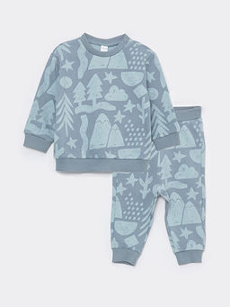 Bisiklet Yaka Uzun Kollu Bask?l? Pamuklu Erkek Bebek Sweatshirt ve Pantolon 2li Tak?m