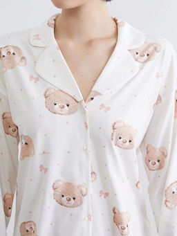 G?mlek Yaka Ay?c?k Bask?l? Kad?n Pijama Tak?m