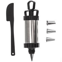 Кондитерский шприц из нержавеющей стали Крем-чиз 18х6,3х6,3см, насадка нерж. для крема - 4 штуки, лопатка пластмассовая 18,7см, цвет - черный, в блистере (Китай)