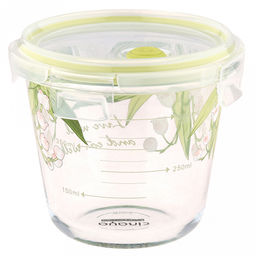 Контейнер стеклянный Ландыши 700мл, д12,8см h10,6см, боросиликатное стекло, с деколью, с мерной шкалой, круглый, пластмассовая крышка с пароотводом, герметичная, с клипсами, с силиконовым уплотнителем (Китай)