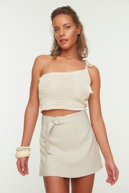 TRENDYOLMILLA KahverengI Mini Dokuma Keten kar?s?ml? Plaj Sort Etek TBESS21ET0124  фото 12