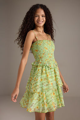 Ac?k Yesil Cicekli Etegi Belden Ac?lan Gipeli Astarl? Sifon Mini Elbise Ucus Ucus TWOSS25EL00724 - Trendyolmilla фото 2