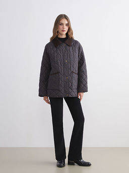 Kadife G?mlek Yaka Desenli Kad?n ?i?me Mont