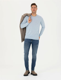 A__k Mavi Slim Fit Bisiklet Yaka Y_n Kar___ml_ Basic Triko Kazak