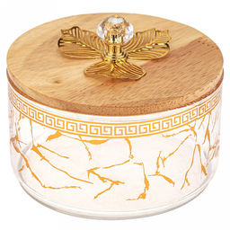 Блюдо-этажерка (конфетница, набор для холодца) стеклянное3-х секционное, 1 секция - 500мл д10,9см h6,3см, прозрачное стекло с деколью, одна бамбуковая крышка, ручка-кнопка "кристалл" с металлическим декором, металлическая подставка с ручкой, на ножка