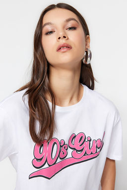 TRENDYOLMILLA Lacivert Bask?l? Oversize/Genis Kal?p Dik Yaka Orme T-Shirt TWOSS23TS00373  фото 9