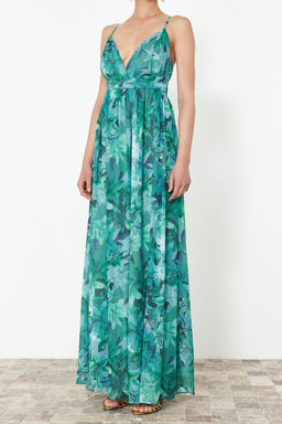 TRENDYOLMILLA Cok Renkli A-Kesim Cicekli Dokuma Sifon Uzun Abiye Elbise TPRSS24AE00094  фото 4