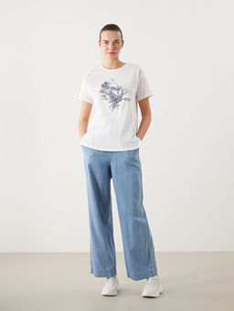 Bisiklet Yaka ?i?ekli Kad?n Ti??rt