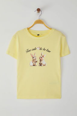 Ac?k Sar? Tavsan Bask?l? Fitted/Vucuda Oturan Orme T-Shirt TWOSS25TS00095