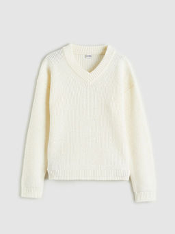 V Yaka Pul ??lemeli K?z ?ocuk Triko Kazak