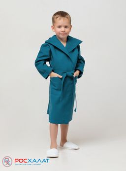 Детский вафельный халат с капюшоном темно-бирюзовый В-07 (23)