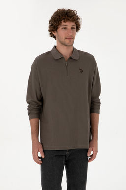 Erkek Comfort Fit Yar_m Fermuarl_ Vizon Sweatshirt