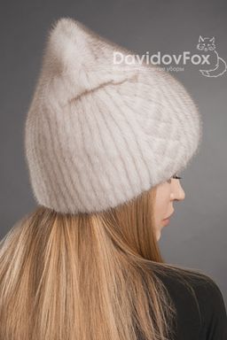 Шапка Бини норка орнамент светлый кизил