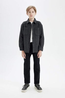 Рубашка оверсайз для мальчика с широким воротником-поло и длинными рукавами антрацитового цвета - Defacto фото 2