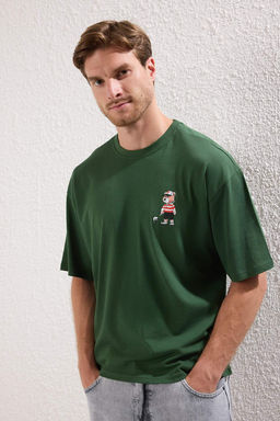 TRENDYOL MAN Siyah Unisex Regular/Normal Kesim Ay?c?k Bask?l? %100 Pamuklu T-Shirt TMNSS25TS00161