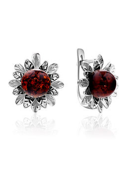 Серьги, украшенные натуральным янтарём вишнёвого цвета Астра