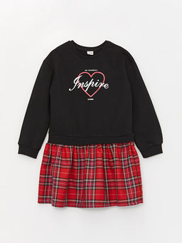 Bisiklet Yaka Bask?l? Uzun Kollu K?z ?ocuk Elbise