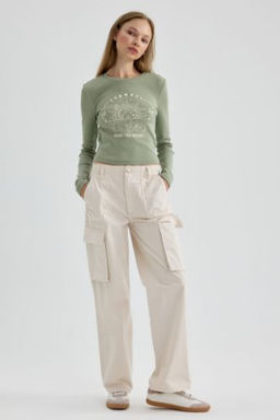 Gabardin Pantolon Straight Fit Standart Boy Yuksek Bel Kargo Cepli