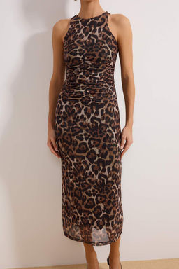 Kahverengi Cok Renkli Hayvan Desenli Leopar Orme Tul S?k Abiye Elbise TPRSS24EL00202