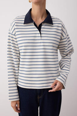 Ekru Cizgili More Sustainable Dokuma Yaka Detayl? Regular Orme T-shirt/Sweatshirt TWOAW26TS00004 - Trendyolmilla фото 7