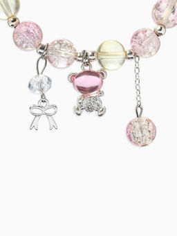 Браслет с подвесками "Сахарный" мишка, шар №10/8, цвет розово-жёлтый в серебре