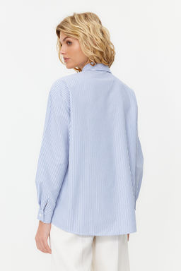 Lacivert Cizgili Oversize Genis Kal?p Dokuma Gomlek TWOAW23GO00359