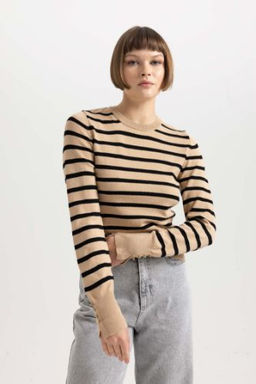 Regular Fit Cizgili Bisiklet Yaka Triko Kazak