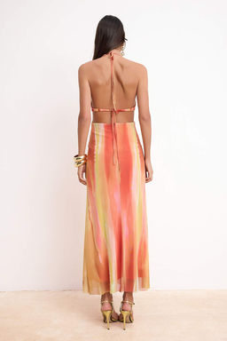 Pembe-Cok Renkli Cicekli Orme Tul Maxi Abiye & Mezuniyet Elbisesi