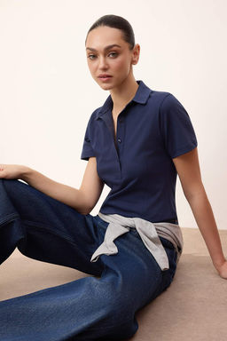 Lacivert Regular/Normal Kal?p Polo Yaka Dikis Detayl? Tok %100 Pamuk Orme Bluz TWOSS26BZ00043 - Trendyolmilla фото 9