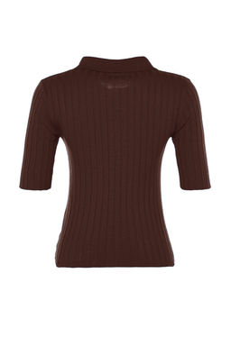 Kahverengi Basic Polo Yaka T-Shirt Gorunumlu Triko Ince Bluz TWOSS20BZ0112