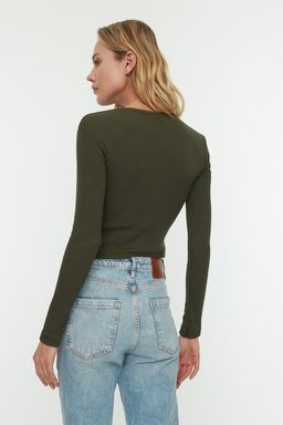 Siyah-Haki 2li Paket Fitted/Vucuda Oturan Bisiklet Yaka Crop Fitilli Esnek Orme Bluz TWOAW22BZ0331