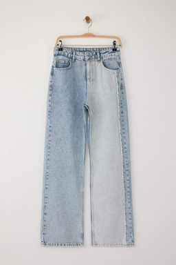 Teen Mavi Renk Bloklu Yuksek Bel Genis Paca Wide Leg Jeans TWOAW26JE00013 - Trendyolmilla фото 5