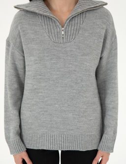 Gri Melanj Comfort Fit Fermuarl_ Kazak