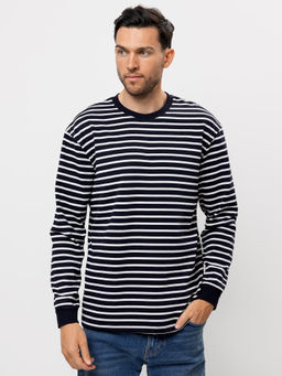 Хлопковый лонгслив синего цвета в тонкую полоску - Mark formelle фото 2