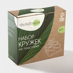 Набор кружек керамический на подставке из бамбука BellaTenero, 9 предметов: 4 кружки 150 мл, 4 ложки, подставка, белый