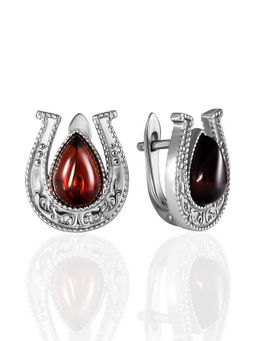 Оригинальные серьги Подкова с натуральным вишнёвым янтарём