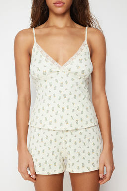 Trendyolmilla Ekru %100 Pamuklu Cicekli Dantelli Ip Ask?l? Fitilli Sortlu Orme Pijama Tak?m? THMSS24PT00062  фото 9