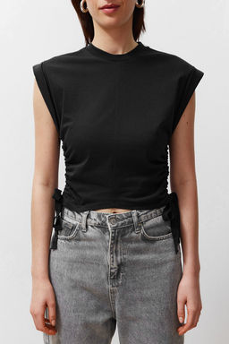 TRENDYOLMILLA Antrasit %100 Pamuk Buzgu Detayl? Crop Yarasa Kol Orme T-Shirt TWOSS24TS00026 фото 4