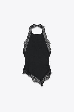 TEXTURED HALTER TOP WITH LACE