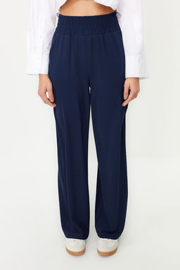 Lacivert Wide Leg/Genis Paca Beli Lastikli Dokuma Pantolon TWOSS22PL00024