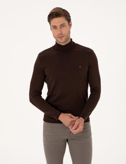 Koyu Kahverengi Slim Fit Bal_k__ Yaka Basic Triko Kazak