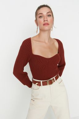 Kahverengi Crop Kalp Yaka Triko Kazak TWOAW22KZ1760 - Trendyolmilla фото 2