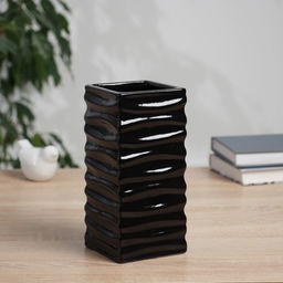 Керамическая ваза для цветов, сухоцветов «Тьяго» полосы, настольная, 19×9 см, чёрный