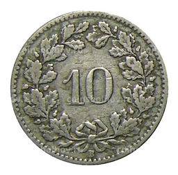Монета 10 раппенов 1908 года Швейцария